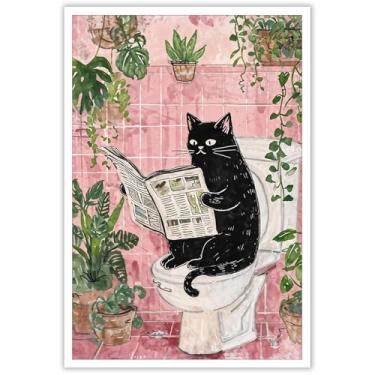 Imagem de Arte de parede de gato preto para banheiro engraçado, animais de estimação, leitura de jornal no vaso sanitário, pôsteres de tela estética, animais, plantas, estampas modernas, pintura para sala de