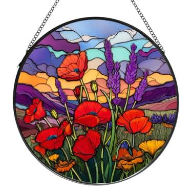 Imagem de Qigfucm Suncatcher de vidro com flores de pôr do sol, design colorido de flores silvestres de 19 cm, decoração de janela de vitral, para aniversário de mamãe avó (papoulas)