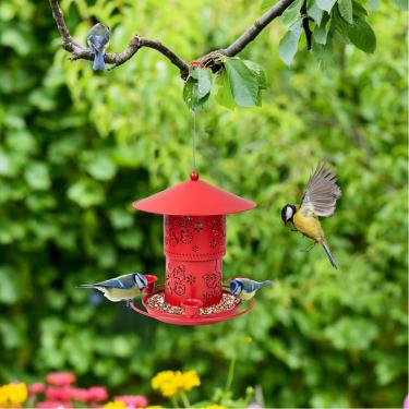 Imagem de Chewtoyo Alimentador de pássaros para jardim externo, alimentador de pássaros de metal resistente ao clima, alimentador de pássaros rotativo de 360° para pendurar ao ar livre com orifícios de drenagem