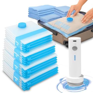 Imagem de Sacos de vedação a vácuo para roupas e viagens, pacote com 16 sacos de armazenamento a vácuo para roupas com bomba elétrica portátil, 4 pequenos + 4 médios + 4 grandes + 4 sacos jumbo economizadores