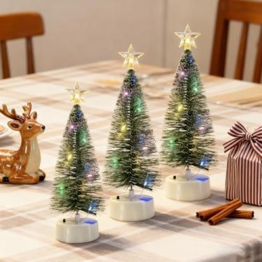 Imagem de Árvore de Natal de mesa de LED branca quente com topo de estrela - Mini árvore de neve flocada para decoração de mesa, cornija e janela