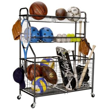 Imagem de Organizador esportivo para garagem, suporte de basquete, organizador de equipamentos esportivos de garagem, armazenamento de brinquedos de garagem, suporte de armazenamento de armas Nerf, organização de armazenamento sobre rodas para escola, garagem, preto, aço resistente