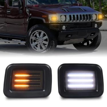 Imagem de CYBORICH Luzes de seta âmbar sequenciais para Hummer H2 2003-2009 Luzes de LED dinâmicas no canto frontal com marcador lateral Switchback Branco DRL Lâmpada de estacionamento Lente fumê 2 peças