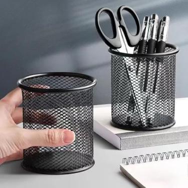 Imagem de 1 porta-canetas de metal de grade circular, multifuncional, caixa de armazenamento estacionária, recipiente de armazenamento de lápis para material de escritório doméstico 9,9 x 9 x 9 cm