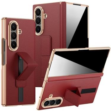 Imagem de NINKI Capa com alça de mão para Samsung Galaxy Z Fold 7 com suporte e proteção de tela de privacidade, protetor magnético de dobradiça para Galaxy Z Fold 7, capa de couro vermelha