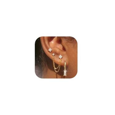 Imagem de Brincos femininos delicados de corrente de ouro – Conjunto de brincos longos hipoalergênicos banhados a ouro 14K com zircônia cúbica, argola empilhável e joias (3 peças), Trendy Hoop Earrings, Latão