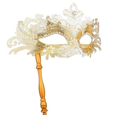 Imagem de Hoshin Máscara De Baile Máscaras Com Bastão, Decoração Carnaval, Venezianas Para Mulheres (Linha Ouro Branco)