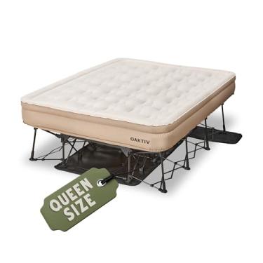Imagem de Oaktiv Colchão de ar Queen com moldura, cama autoinflável/esvaziadora para adultos - Cama inflável PeakRest, berço de acampamento com colchão para adultos - Queen portátil com estojo de viagem sobre