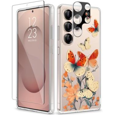 Imagem de GVIEWIN Capa compatível com Samsung Galaxy S25 Ultra 6,9'', [protetor de tela e lente da câmera] Capa de telefone floral transparente slim fit proteção à prova de choque para mulheres, Borboleta pavão