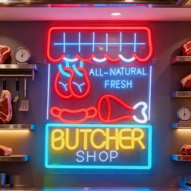 Imagem de Neonawall Butcher Shop Business Neon Sign Open Light Up Letters Led Sign for Wall Decor Door Signs Led Decorative Night Signs Decorations Supplies Grand Opening Gift for Butcher Shop Billboard
