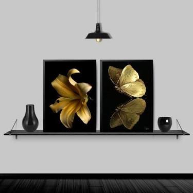 Imagem de Kit Quadros Flor E Borboleta Ouro E Preto 45X34Cm 2 Peças - Quadros On