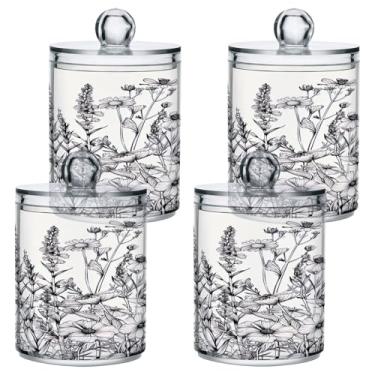 Imagem de ATTX Dispensador de suporte Qtip de flores pretas e brancas para bola de algodão, cotonete, frasco de boticário de plástico transparente, pote de armazenamento de cozinha para decoração de casa