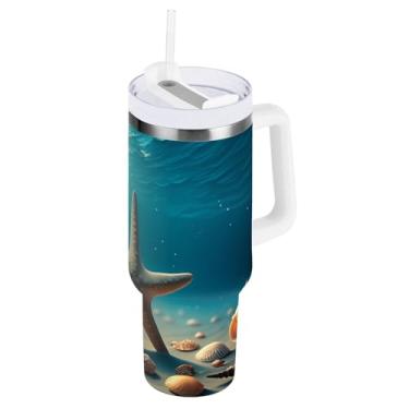 Imagem de Kigai Copo térmico de 1,134 g com alça, estrela do mar e conchas de praia com tampa e canudo, garrafa de água esportiva de metal grande, caneca de café de viagem de aço inoxidável