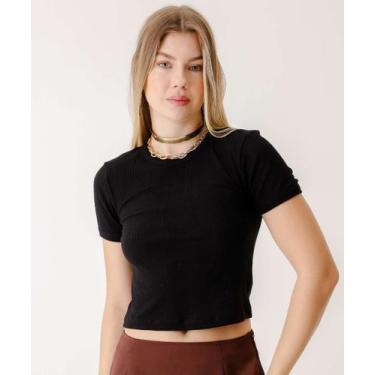 Imagem de Blusa Cropped Feminina Canelada Manga Curta Marisa-56254, Preto, M