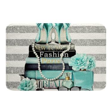 Imagem de Erosebridal Paris Fashion Tapete de banheiro feminino 50,8 cm x 81,3 cm azul-petróleo prata moderno capacho para crianças meninas adolescentes tapete de banho feminino listrado branco turquesa rosa
