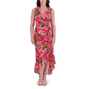 Imagem de Kensie Vestido floral feminino sem mangas com decote em V alto e baixo, Vermelho Multi, 44