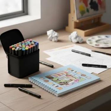 Imagem de Kit 01 Caderno Estilo Boobie Goods Antiestresse Capa Dura 50 Folhas + Estojo com 36 Canetas Hidrográficas