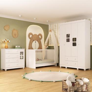 Imagem de Quarto De Bebê Completo Com Berço 3 Em 1 Para Colchão 130x60cm Sol Multimóveis MP4518 Branco