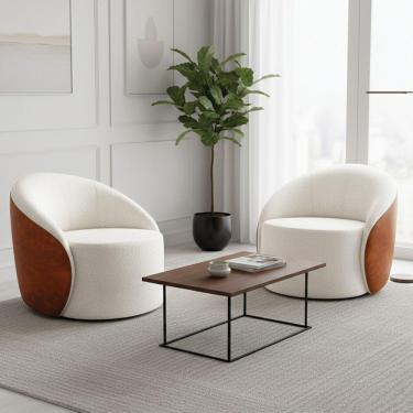 Imagem de Poltrona Sala Orgânica Kit 2 Lua Giratória Sintético Pu Nozes/bouclê D03 - D'rossi Cor Off White