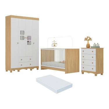Imagem de Quarto De Bebê Completo Com Berço 3 Em 1 Com Colchão Incluso Luna Multimóveis MP4540 Madeirado-branco