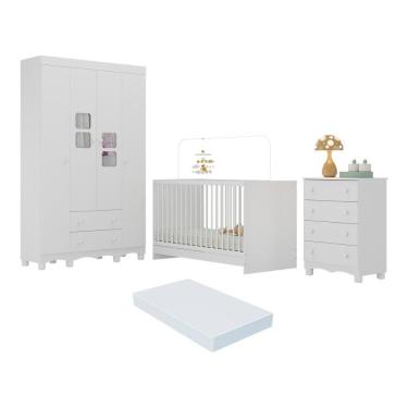 Imagem de Quarto De Bebê Completo Com Berço 3 Em 1 Com Colchão Incluso Luna Multimóveis MP4540 Branco