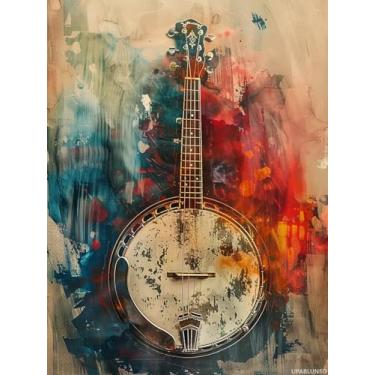 Imagem de UPABLUNSO Kits de pintura de diamante banjo colorido para adultos, DIY instrumento musical 5D arte diamante broca completa para adultos, para iniciantes decoração de parede de casa presente 30 x 40