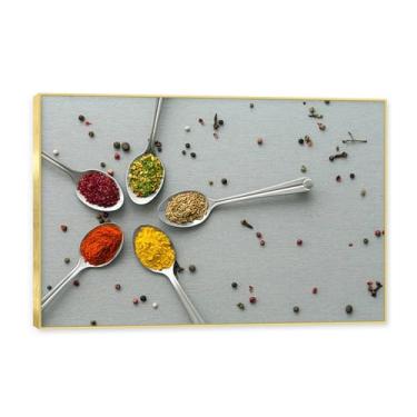Imagem de NHLDZYH Moldura dourada. Arte de parede em tela de especiarias coloridas e colher de tempero | Decoração de cozinha vintage | Arte moderna para casa e sala de jantar. C48. 30 x 45 cm-11,8 x 17,7 pol