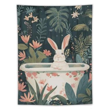 Imagem de Tapeçaria de parede de coelho branco em banheira floral decoração de planta selva caprichosa arte animal fofa para banheiro quarto aconchegante boho pendurado acento encantador natureza cena 152 x 203