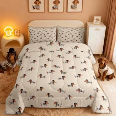 Imagem de jejeloiu Conjunto de cama casal Dachshund, fofo, cachorro, animal de estimação, para meninos, meninas, adolescentes, respirável, macio, leve, microfibra zebra, listras, edredom