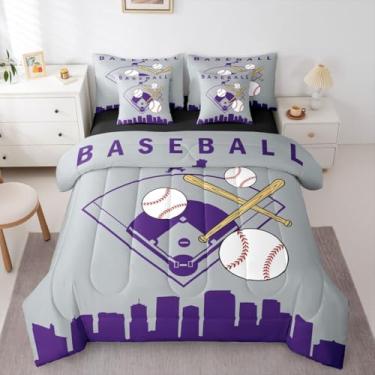 Imagem de Erosebridal Jogo de cama completo de beisebol, esportes de softball, com 7 peças, para crianças, meninos, adolescentes, beisebol, construção urbana, roxo, para quarto de crianças, homens, adultos