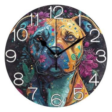 Imagem de GAIGEO Relógio de parede analógico decorativo relógio de cozinha rústico operado por bateria silencioso, decoração de parede moderna para sala de estar, flores coloridas de cachorro Pitbull preto, 25