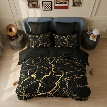 Imagem de CCoutueChen Conjunto de cama Queen preto e dourado, abstrato, mármore, para decoração de quarto de mulheres adultas, 3 peças, microfibra macia, edredom com 2 fronhas/221 x 239 cm
