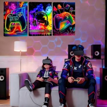 Imagem de Arte de parede em tela para gamer, luzes de néon, arco-íris, fones de ouvido para jogos, decoração de parede emoldurada 40,6 cm C x 30,5 cm L cada, consoles de jogos, pinturas em tela, fones de ouvido