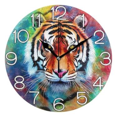 Imagem de Relógio de parede colorido pintado de tigre analógico decorativo relógio de cozinha rústico estético silencioso sem tique-taque, decoração de parede de meados do século sala de estar, 25 cm, ponteiros