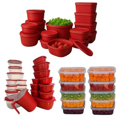 Imagem de Kit 48 Potes Herméticos com Tampa pote plástico retangular para mantimentos travas reforçadas vedação silicone micro-ondas e freezer conjunto organizador de cozinha para alimentos e cereais (Vermelho)