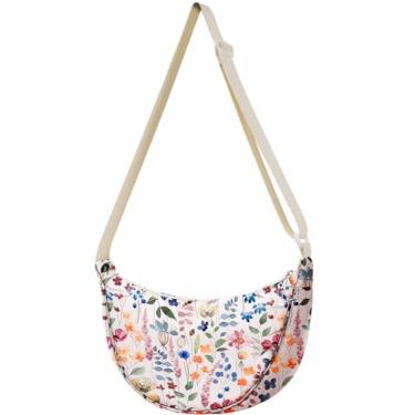 Imagem de Gemfit Bolsas transversais crescentes para mulheres - bolsas de ombro crescente de nylon médio para mulheres adolescentes e meninas, padrão exclusivo, Flor selvagem, Flor silvestre