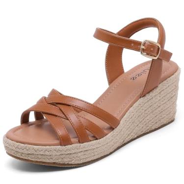 Imagem de Ruiee Sandálias femininas de largura larga com tira no tornozelo, bico aberto, sapatos casuais de verão, plataforma, alpargata, plataforma, sandálias femininas elegantes., Tan 509, 7 X-Wide