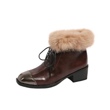 Imagem de Bota feminina de inverno casual plus size forrada com lã confortável bico quadrado com cadarço salto baixo, Marrom, 38