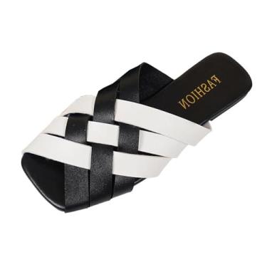 Imagem de Chinelos femininos rasos de tecido fechado de couro macio casual sandálias deslizantes para ambientes internos e externos, Branco, 39