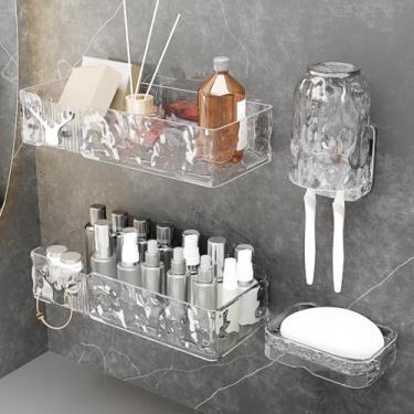 Imagem de Prateleiras de chuveiro de acrílico com suporte de saboneteira e escova de dentes, suporte de chuveiro transparente, organizador de banheiro adesivo para parede, sem instalação de broca, pacote com 4