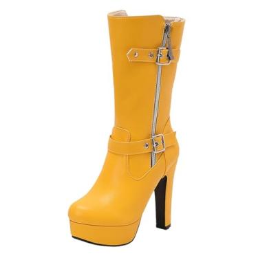 Imagem de Botas femininas plataforma de cano médio com fivela de cinto de salto alto, Amarelo, 38