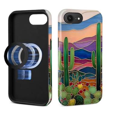 Imagem de Zhhoya Capa para iPhone 16e, estampa de cacto de vitral, brilhante, compatível com Magsafe, capa rígida híbrida de 2 camadas, proteção para meninas, mulheres, meninos e homens