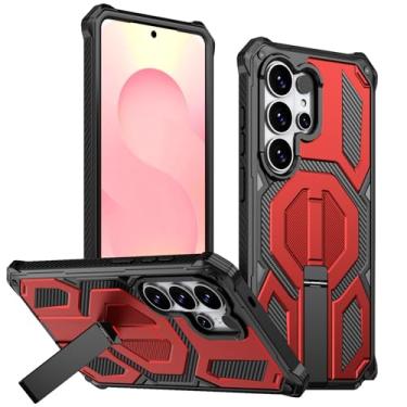 Imagem de POYUFRG Capa magnética para Samsung Galaxy S26 Ultra/S26 Plus/S26, capa fina fosca à prova de choque com suporte dobrável, capa de carregamento sem fio, vermelha, S25