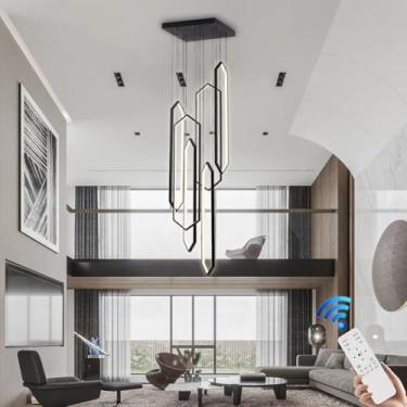 Imagem de Lustre LED para Escadas, Luminária Moderna de Teto Grande com Estrutura de Alumínio e Controle Remoto, Ideal para Salas de Estar, Quartos de Hotel e Restaurantes (Preto, 6)