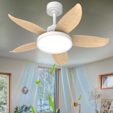 Imagem de Ventilador de teto silencioso com 5 pás, luzes, controle remoto por aplicativo, ventilador com lustre LED dimerizável, 6 velocidades, timer reversível para quarto, 91 cm (36 pol.), cor madei