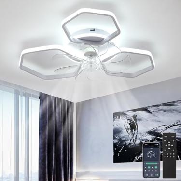 Imagem de Ventilador de teto com luz, controle remoto, função de memória e intensidade regulável, silencioso, reversível, 6 velocidades, para sala de estar, com timer e iluminação LED moderna.