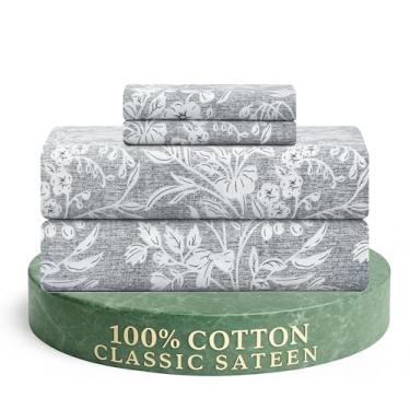 Imagem de Feather & Stitch Conjunto de lençóis 300TC King Size 100% algodão cetim estampado, conjunto de lençóis de cama refrescantes e respiráveis, 4 peças 40,64 cm elástico com bolsos profundos, extra macio