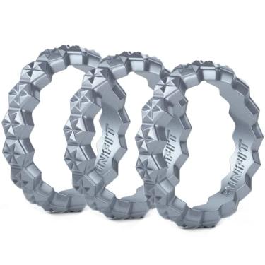 Imagem de Anel de casamento de silicone projetado pela Rinfit para mulheres, conjunto de anéis finos e empilháveis. Pacote com 3 anéis. Alianças de casamento de borracha macia e confortáveis., Silver, Silver, Silver, Size 7