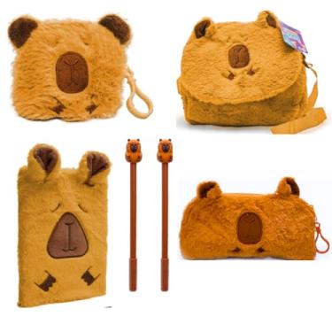 Imagem de Kit Capivara Infantil Material Escolar 6 Peças – Bolsa Escolar, Estojo, Caderno 80 Folhas, Porta-Objetos + 2 Canetas – Presente Criativo e Fofo