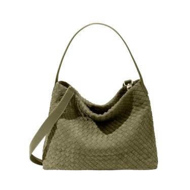Imagem de Bolsa feminina de couro trançado elegante de camurça Hobo com detalhes de tecido, Verde, Tendências urbanas